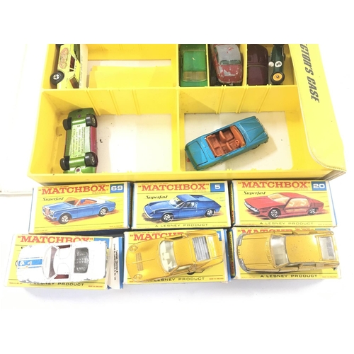 225 - A Hotwheels Collectors Case containing 6 Boxed Matchbox Cars and Playworn Vehicles.