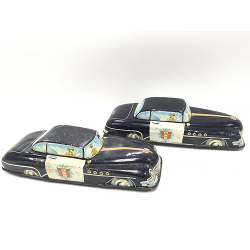 277 - 2 X Tinplate Well Broderick Crawford Highway Patrol Police Cars. Friction Powered. And Playworn.