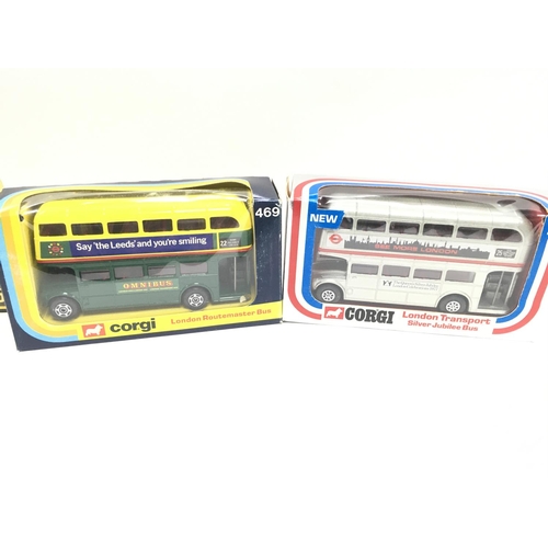 287 - 2 X Dinky Buses Including #292 and 295. A Corgi Routemaster #469 and a Silver Jubilee #471.