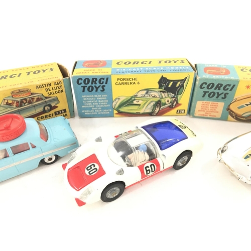 32 - 3 X Boxed Corgi Vehicles including a Motor School and Car #236. A Porsche Carrera 6 #340 and a E Typ... 