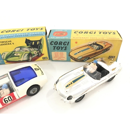 32 - 3 X Boxed Corgi Vehicles including a Motor School and Car #236. A Porsche Carrera 6 #340 and a E Typ... 