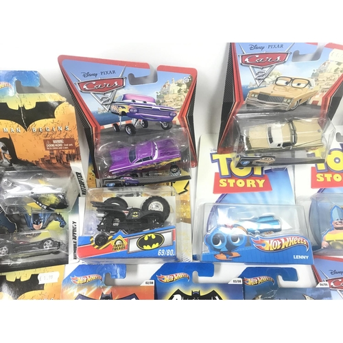 331 - A Box Containing a Collection of Carded Batman Hot Wheels and Pixars Cars.