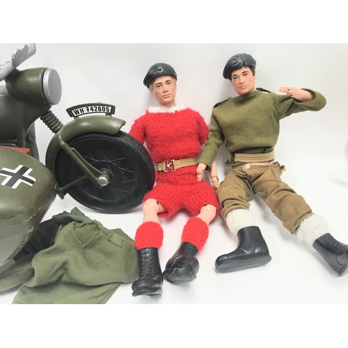 349 - 2 X Vintage Action Men and a Cherilea Motorbike and Sidecar. Ideal for Spare Parts.