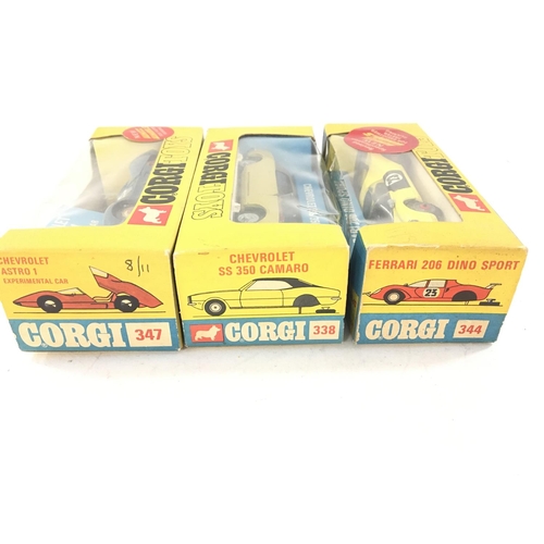 39 - A Boxed Corgi Chevrolet Astro #347. A Ferrari 206 Dino Sport #344 and a Chevrolet SS 350 Camaro #338... 