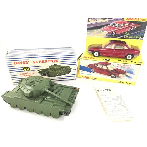 42 - A Boxed Dinky Supertoys Centurion Tank #651 and A N.S.U.Ro 80 #176.