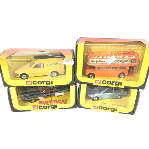 612 - 4 Boxed Corgi Vehicles including a Supercat Jaguar X-JS-H.E. #314. A Ford Escort #499. A Routemaster... 