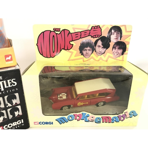 63 - A Boxed Corgi Magical Mystery Tour Bus . A Monkeemobile and a Corgi Classic Yellow Submarine.