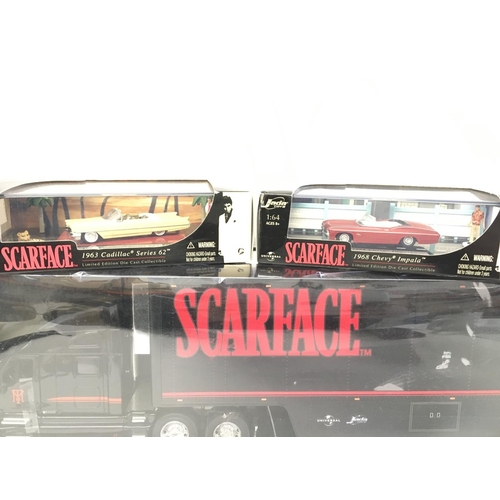 870 - A Boxed Jada Toys Scarface 1963 Cadillac Series 62. A 1968 Chevy Impala. Both 1:64 Scale And a Balle... 