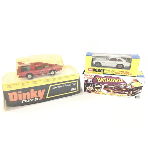 88 - 3 Boxed (Repro) Corgi And Dinky Toys Including a Spectrum Patrol Car #103. A James Bond Aston Martin... 