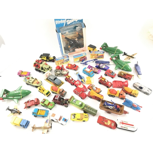 94 - A Collection of Playworn Die-Cast including 3 Boxed matchbox Cars and a Dinky Trident Starfighter.