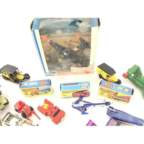 94 - A Collection of Playworn Die-Cast including 3 Boxed matchbox Cars and a Dinky Trident Starfighter.