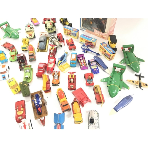 94 - A Collection of Playworn Die-Cast including 3 Boxed matchbox Cars and a Dinky Trident Starfighter.