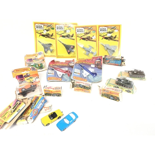 997 - A Collection of Carded Super Wings. Matchbox Sky Busters and others. Boxes and Cards worn.