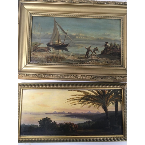 95 - A framed oil painting a view of the Mediterranean coast 34x22cm  and a gilt framed oil painting Cont... 