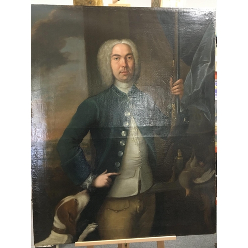 99 - A large 18th century oil painting on canvas  portrait of a Gentleman holding a flintlock rifle with ... 