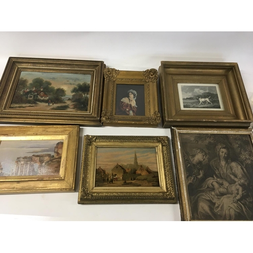 101 - A collection of small oil paintings and 19th century prints and etchings a view of mediterranean coa... 