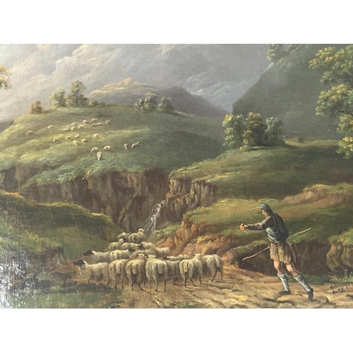 105 - An unframed oil painting on canvas early 19th century Scottish Hyland landscape with a shepherd. Uns... 