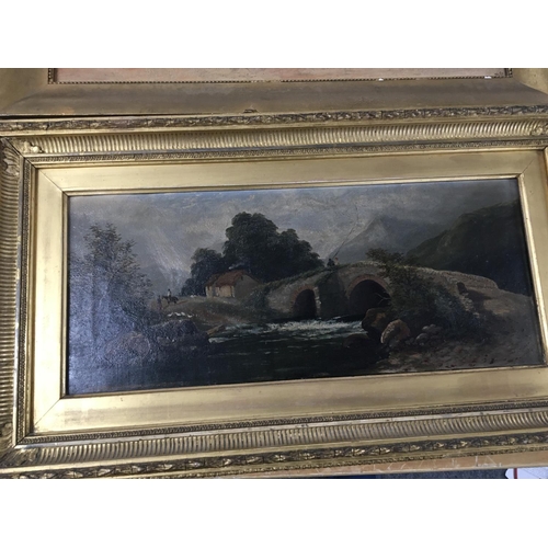 106 - Four framed oil paintings on canvas a study of a rural stone bridge signed C Duncan 1878 a framed st... 