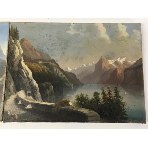 119 - A pair of unframed oil paintings on canvas views across a lake possible Lake Geneva one Indistinctly... 