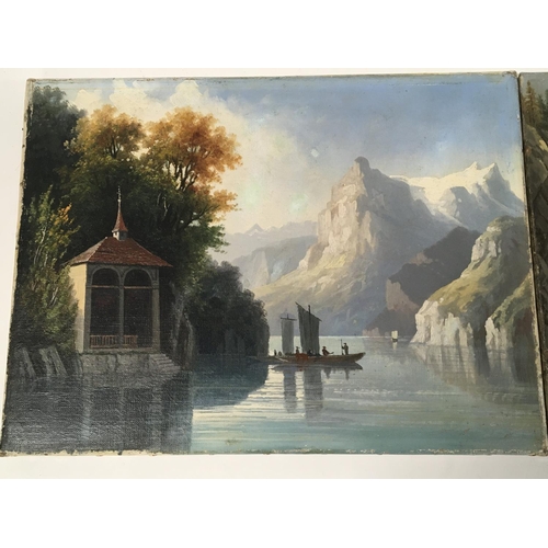 119 - A pair of unframed oil paintings on canvas views across a lake possible Lake Geneva one Indistinctly... 