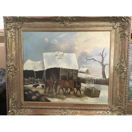 13 - A framed late 19th century continental oil painting depicting horses in harness a winter farm yard u... 