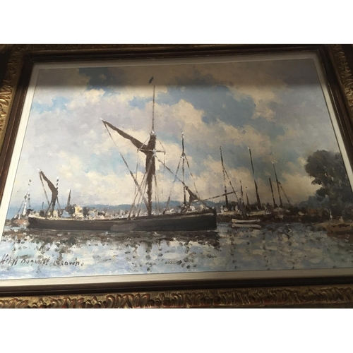 139 - An oil on canvas depicting barges by Hugh Brown: 36 cm x30 cm .