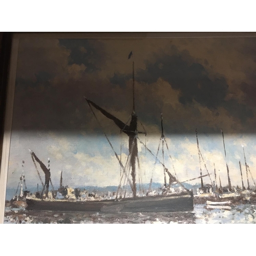 139 - An oil on canvas depicting barges by Hugh Brown: 36 cm x30 cm .