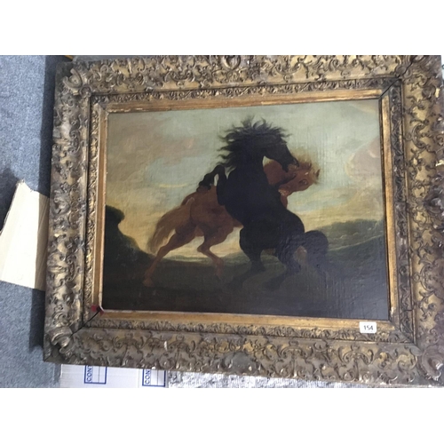 154 - A large framed oil painting on canvas study of two fighting  horses 85cm x 106cm and a framed interp... 