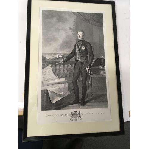 163 - A framed black and white print of Wellington and two other 19th century Mezzotints The Country Stabl... 