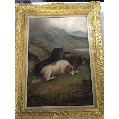 17 - A framed oil painting on board study of two dogs with game within the Scottish Highlands and one oth... 