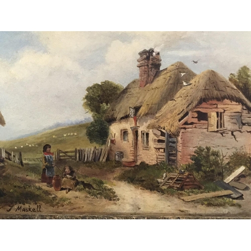 18 - A framed oil painting on canvas English rural view with young children by a cottage. Signed ? Maskel... 