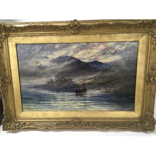 184 - A 19th century gilt framed oil painting a view of Eilean Donan Castle with a sailing boat on the Loc... 