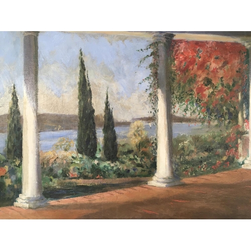 185 - An interesting framed oil painting a view of an Italian loggia with Tuscan Roman pillars and a perfu... 