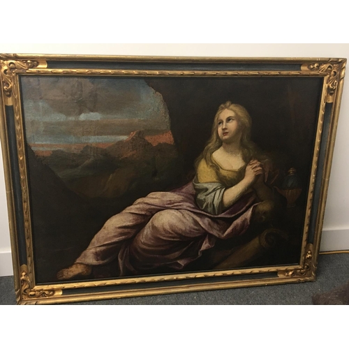 187 - A large late Renaissance style oil painting on canvas depicting a reclining lady looking to heaven w... 