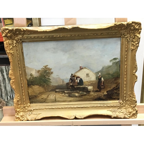 20 - A gilt framed oil painting on panel, 19th century study figures by a cottage unsigned and unattribut... 