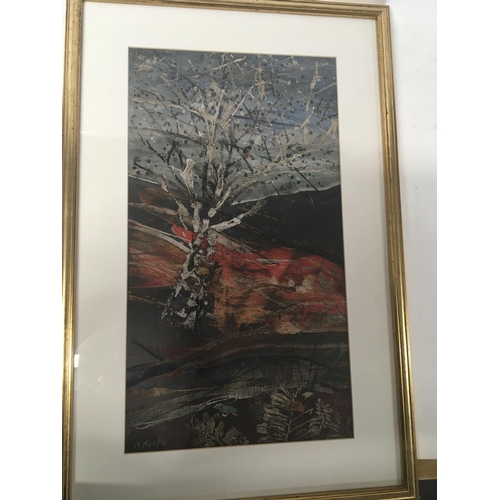 208 - A framed block print with added acrylic contemporary foliage study signed by B Rooke