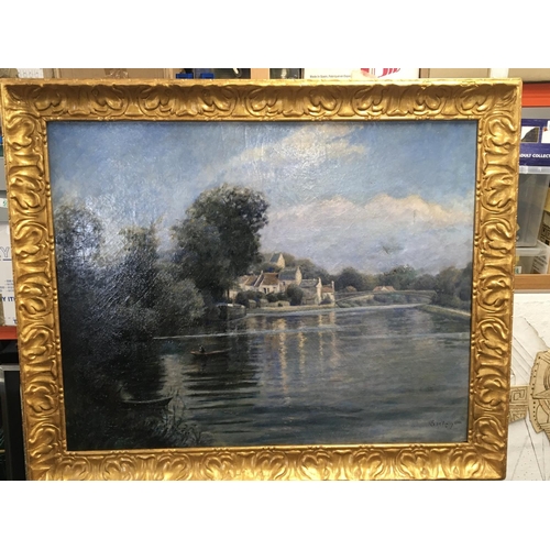 21 - A gilt framed oil painting a view of village and a bridge on the river Somme. In the style of Alfred... 