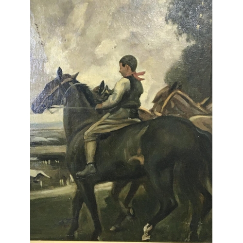 22 - A framed oil painting 20th century study of a young boy riding a horse with others on lead rein. Inf... 