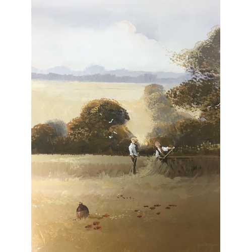 235 - A pair of framed oil paintings rural scenes by Jonathan Wells a hunting view and the Harvest a frame... 