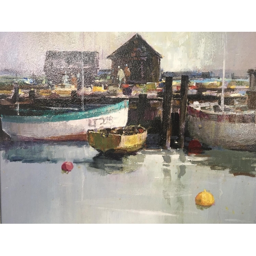 237 - A framed modern British oil painting a view of the Upper Harbour Southwold. Signed lower right. 59x4... 