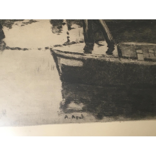 241 - A framed 19th century etching study of harbour possible Flanders Belgium. Signed 70x60cm