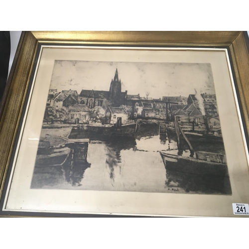 241 - A framed 19th century etching study of harbour possible Flanders Belgium. Signed 70x60cm