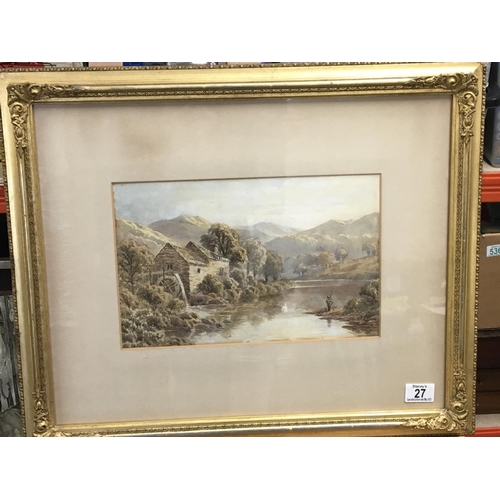 27 - A framed 19th century watercolour study of a river with watermill and mountains beyond signed R Mann... 