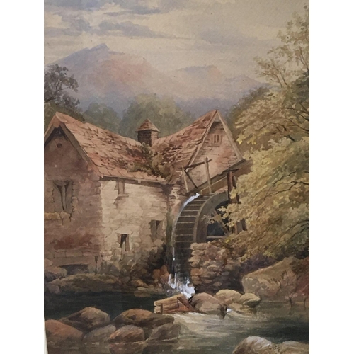27 - A framed 19th century watercolour study of a river with watermill and mountains beyond signed R Mann... 