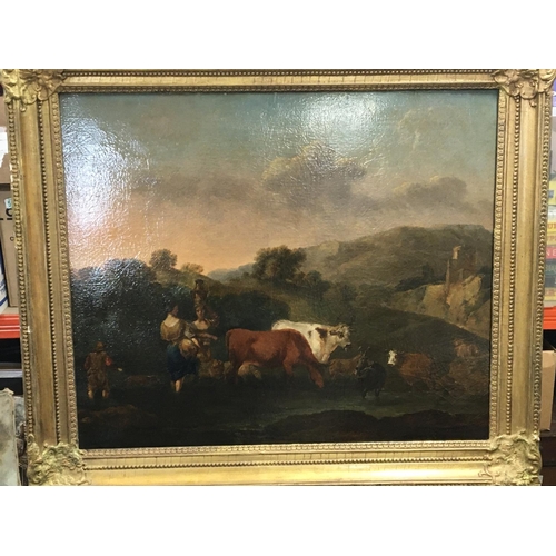 32 - A late 18th or early 19th century oil paintings on canvas depicting cattle and milk maids in a lands... 