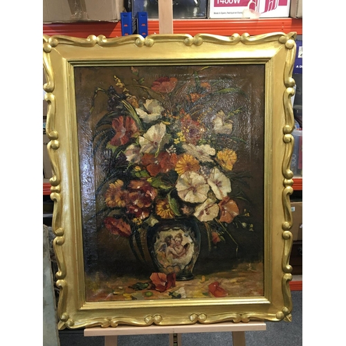 34 - A gilt framed oil painting on canvas still life study a bouquet of flowers in a porcelain vase decor... 
