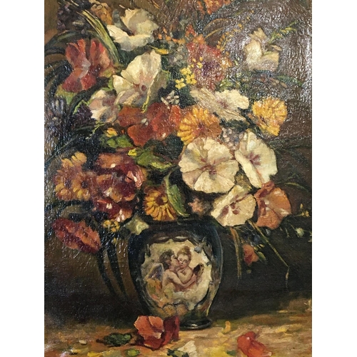 34 - A gilt framed oil painting on canvas still life study a bouquet of flowers in a porcelain vase decor... 