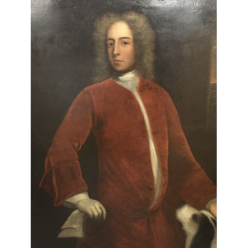35 - A large mid 18th (1740-60) Oil painting half length portrait of a Gentleman with dog at foot unsigne... 