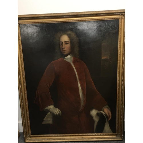 35 - A large mid 18th (1740-60) Oil painting half length portrait of a Gentleman with dog at foot unsigne... 