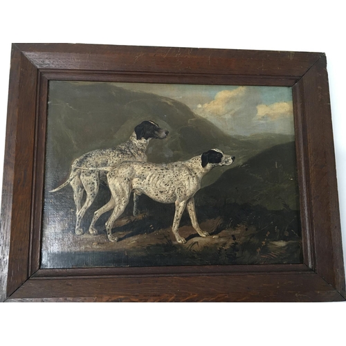 45 - A framed 19th century oil painting on canvas study of two dogs in a hyland landscape German shorthai... 